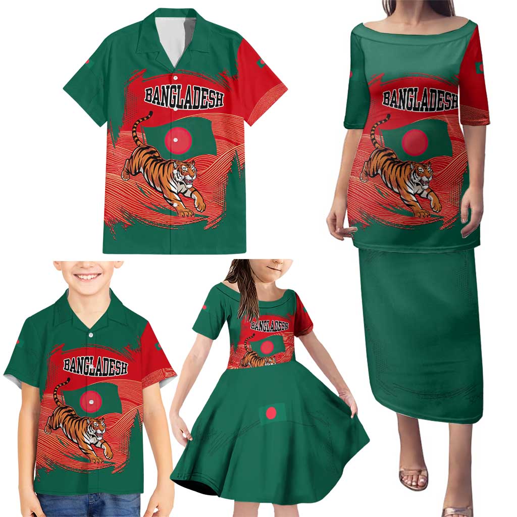 Bangladesh Flag Family Matching Puletasi and Hawaiian Shirt with Royal Bengal Tiger Design