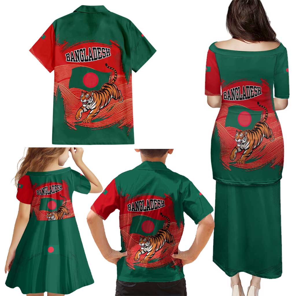 Bangladesh Flag Family Matching Puletasi and Hawaiian Shirt with Royal Bengal Tiger Design