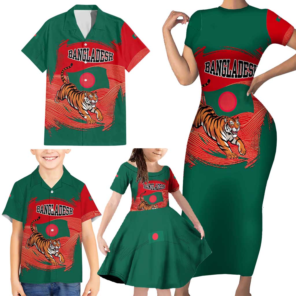 Bangladesh Flag Family Matching Short Sleeve Bodycon Dress and Hawaiian Shirt with Royal Bengal Tiger Design