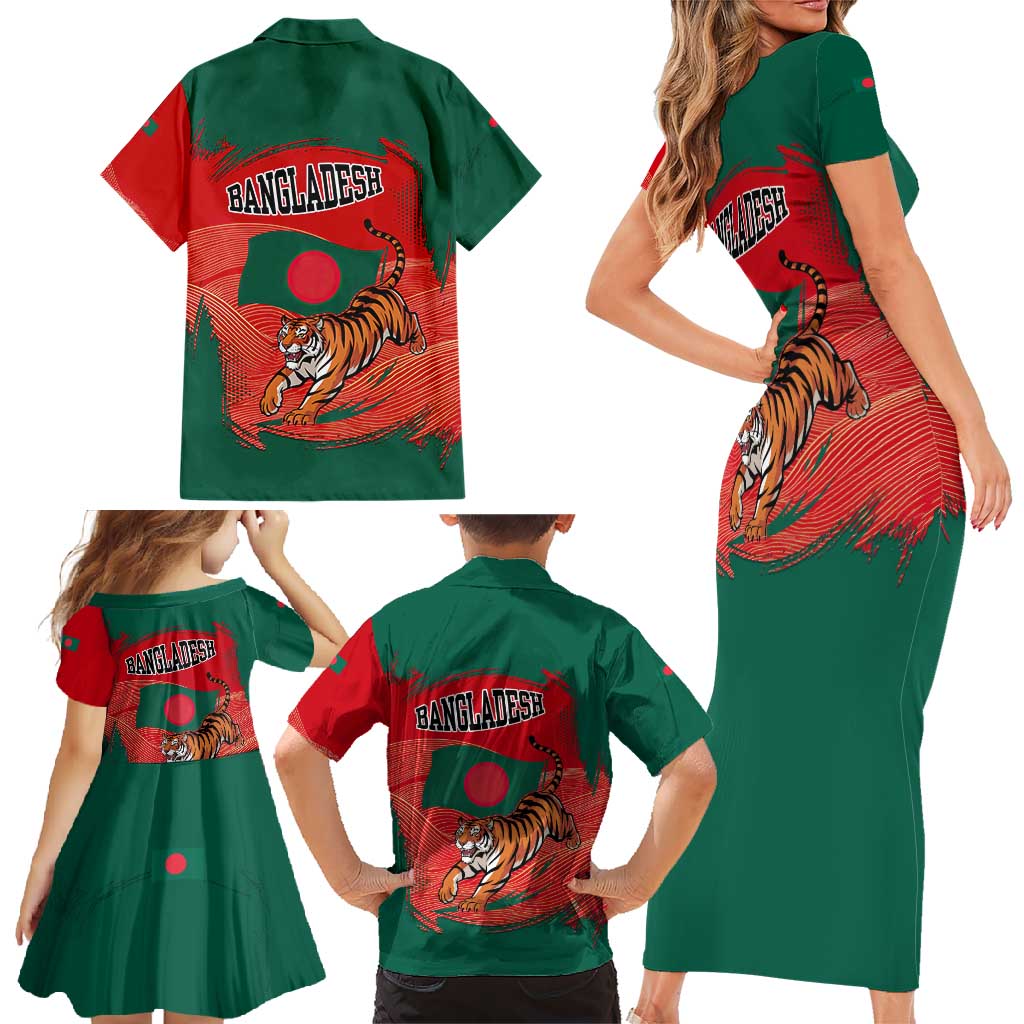 Bangladesh Flag Family Matching Short Sleeve Bodycon Dress and Hawaiian Shirt with Royal Bengal Tiger Design