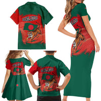Bangladesh Flag Family Matching Short Sleeve Bodycon Dress and Hawaiian Shirt with Royal Bengal Tiger Design