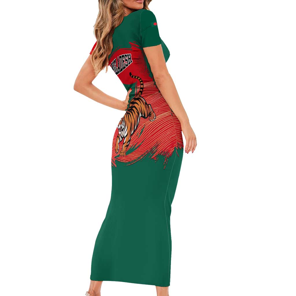 Bangladesh Flag Family Matching Short Sleeve Bodycon Dress and Hawaiian Shirt with Royal Bengal Tiger Design