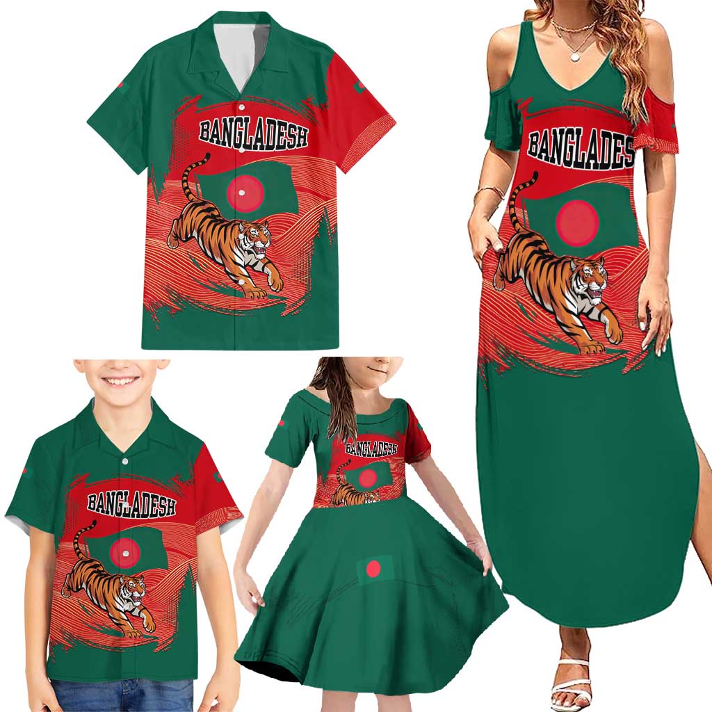 Bangladesh Flag Family Matching Summer Maxi Dress and Hawaiian Shirt with Royal Bengal Tiger Design