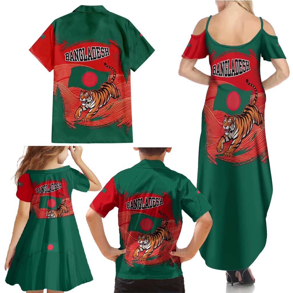 Bangladesh Flag Family Matching Summer Maxi Dress and Hawaiian Shirt with Royal Bengal Tiger Design
