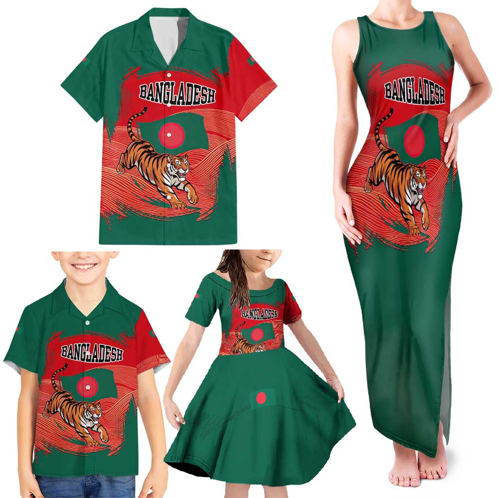 Bangladesh Flag Family Matching Tank Maxi Dress and Hawaiian Shirt with Royal Bengal Tiger Design