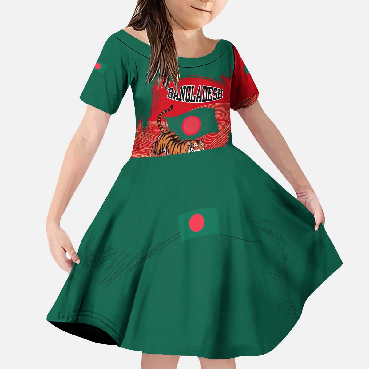 Bangladesh Flag Kid Short Sleeve Dress with Royal Bengal Tiger Design