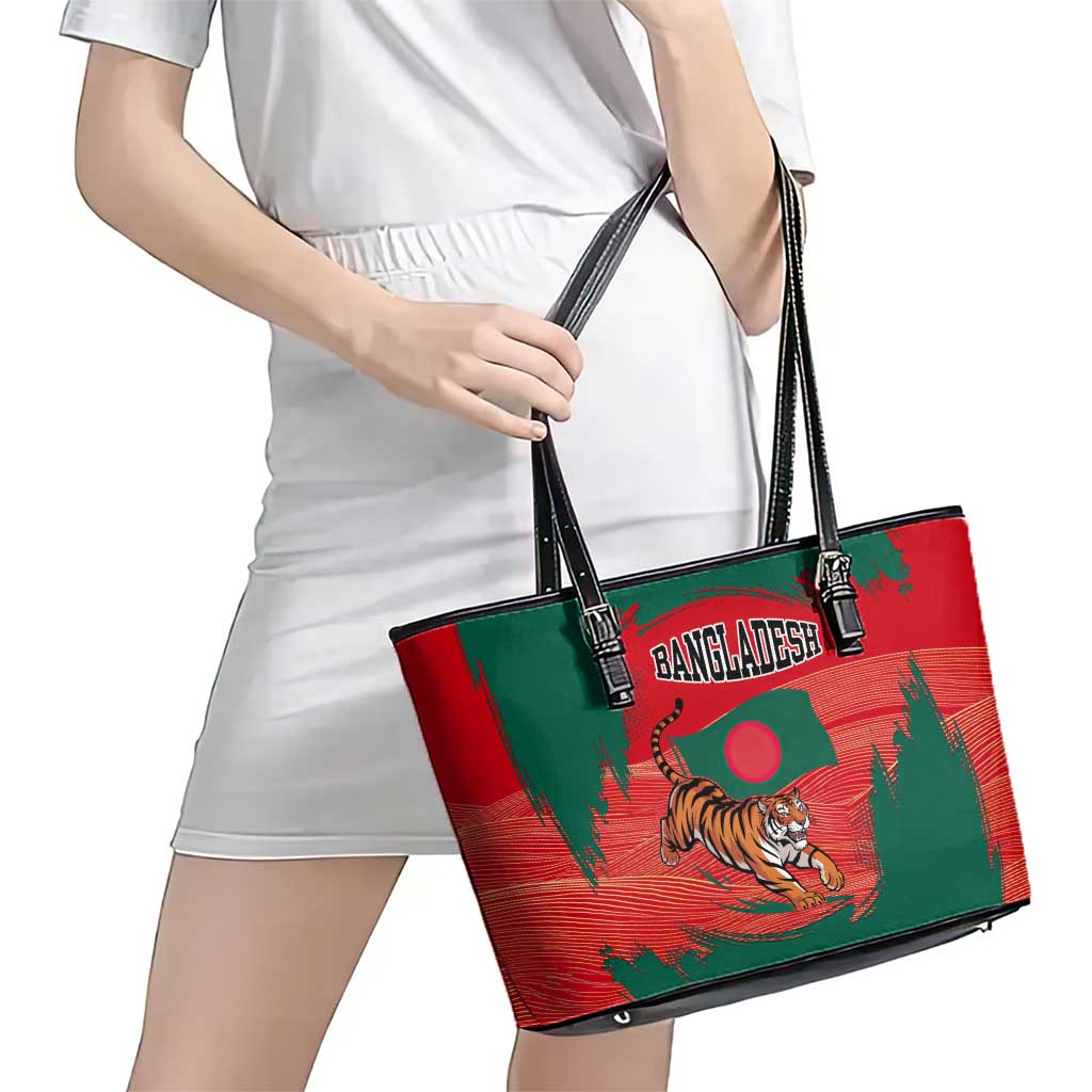 Bangladesh Flag Leather Tote Bag with Royal Bengal Tiger Design