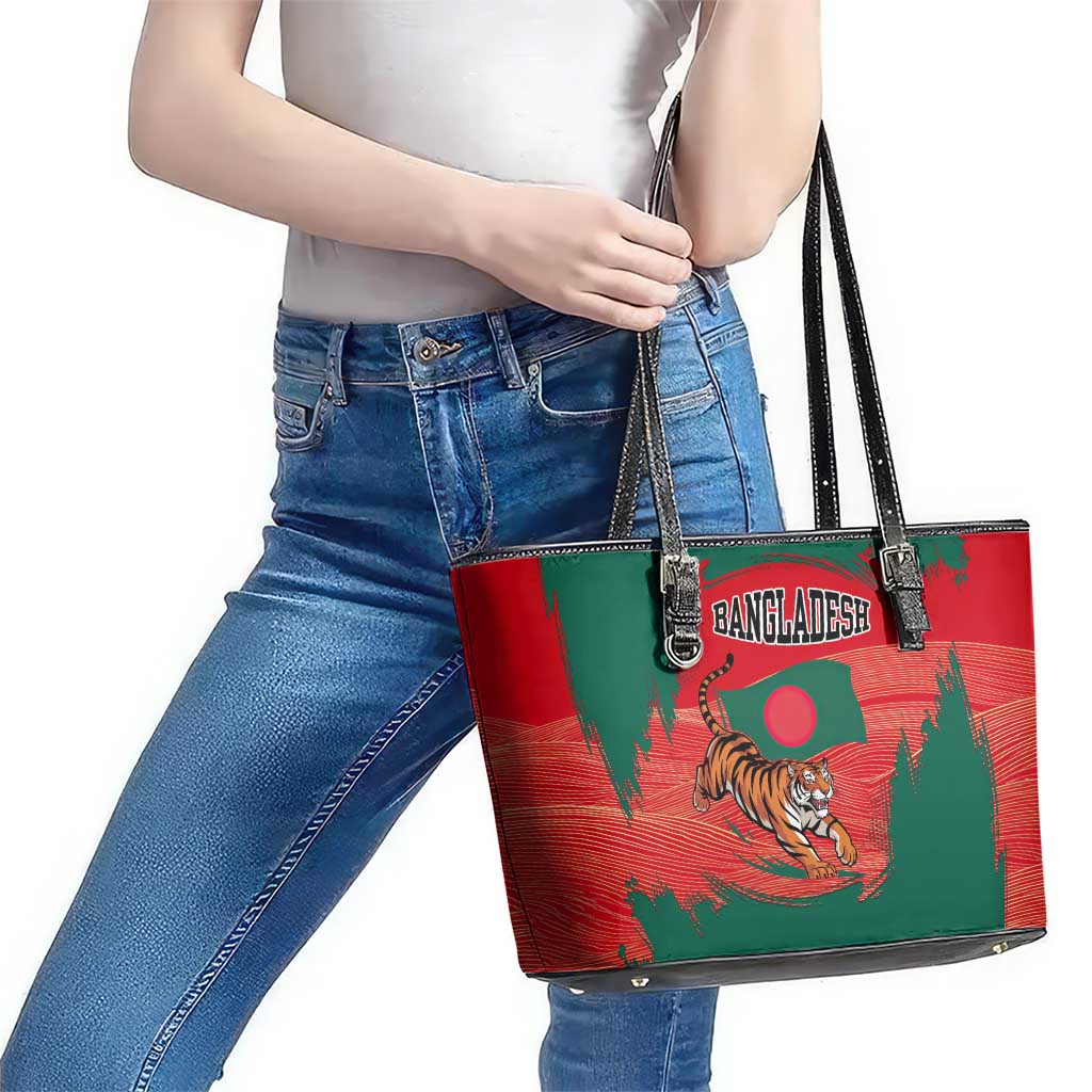 Bangladesh Flag Leather Tote Bag with Royal Bengal Tiger Design