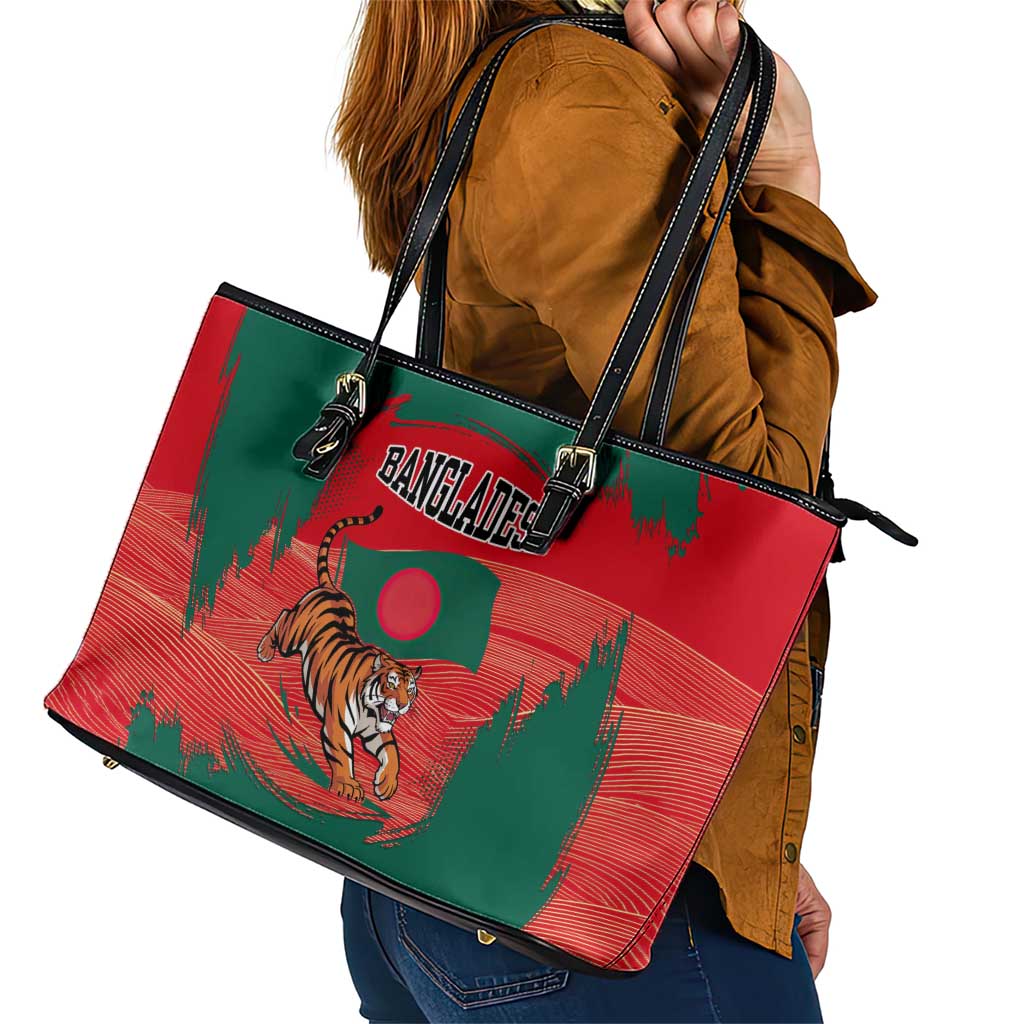 Bangladesh Flag Leather Tote Bag with Royal Bengal Tiger Design
