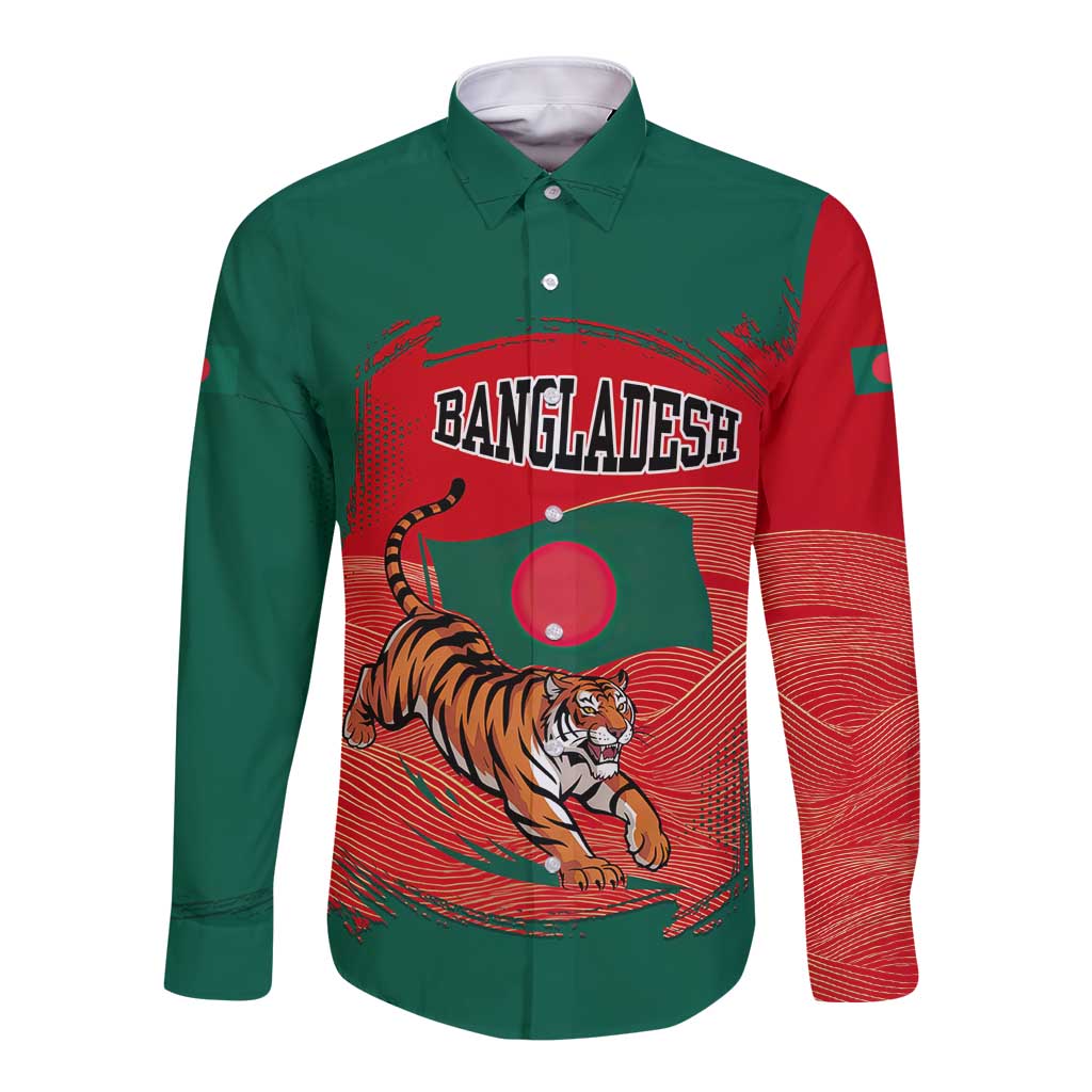 Bangladesh Flag Long Sleeve Button Shirt with Royal Bengal Tiger Design