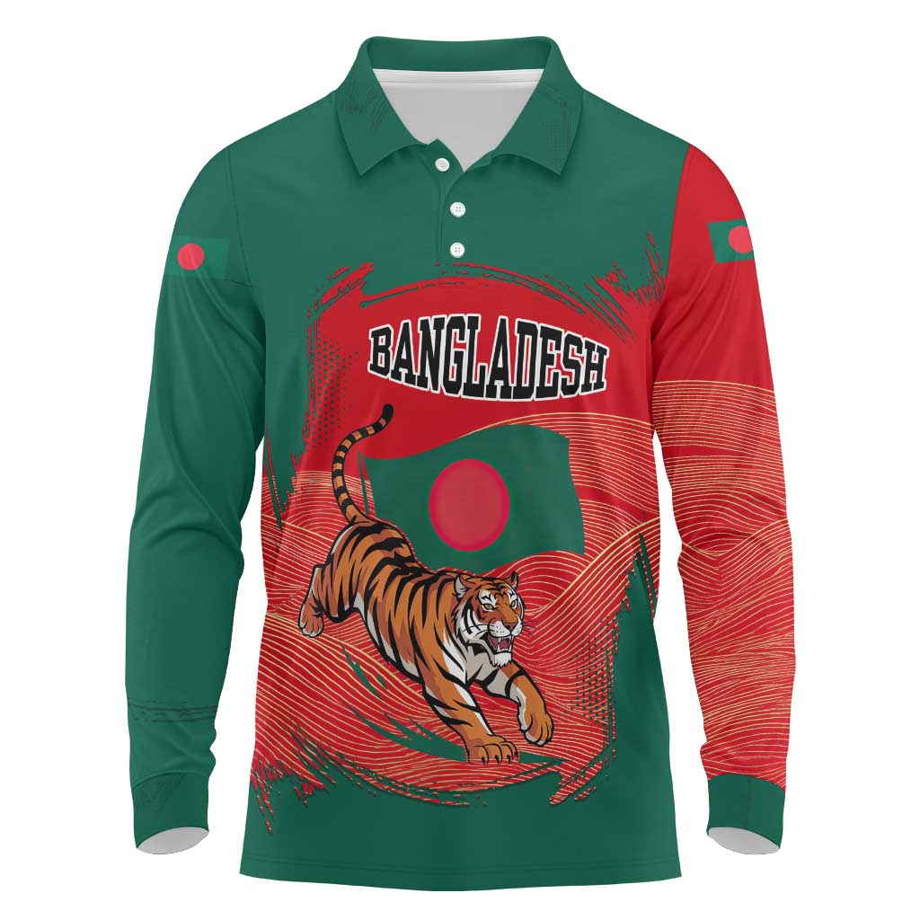 Bangladesh Flag Long Sleeve Polo Shirt with Royal Bengal Tiger Design