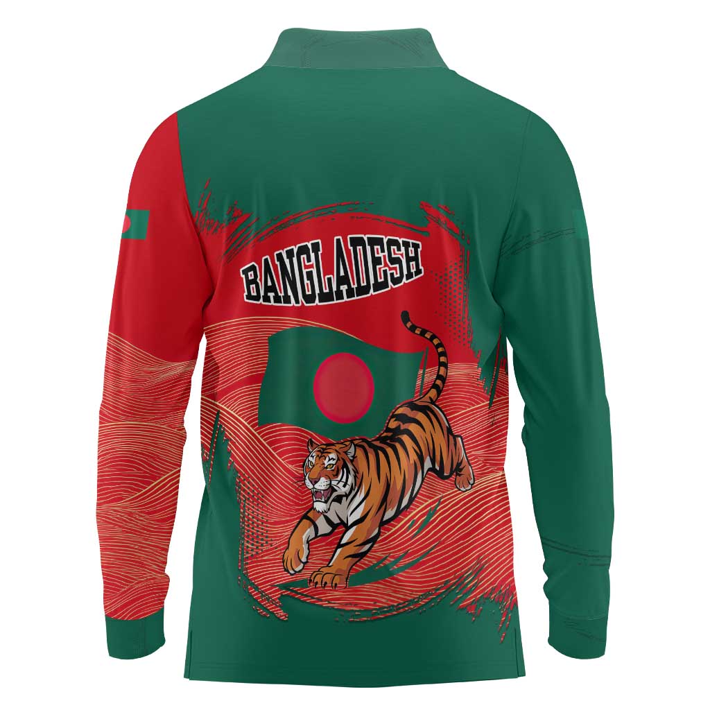 Bangladesh Flag Long Sleeve Polo Shirt with Royal Bengal Tiger Design