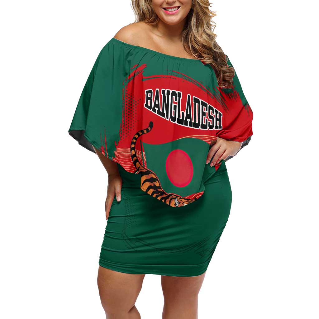 Bangladesh Flag Off Shoulder Short Dress with Royal Bengal Tiger Design