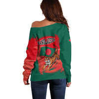 Bangladesh Flag Off Shoulder Sweater with Royal Bengal Tiger Design