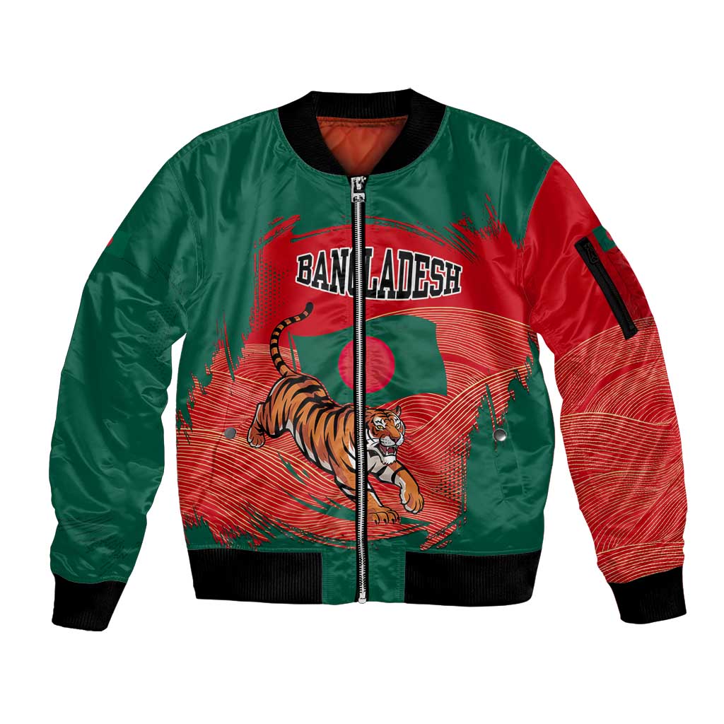 Bangladesh Flag Sleeve Zip Bomber Jacket with Royal Bengal Tiger Design