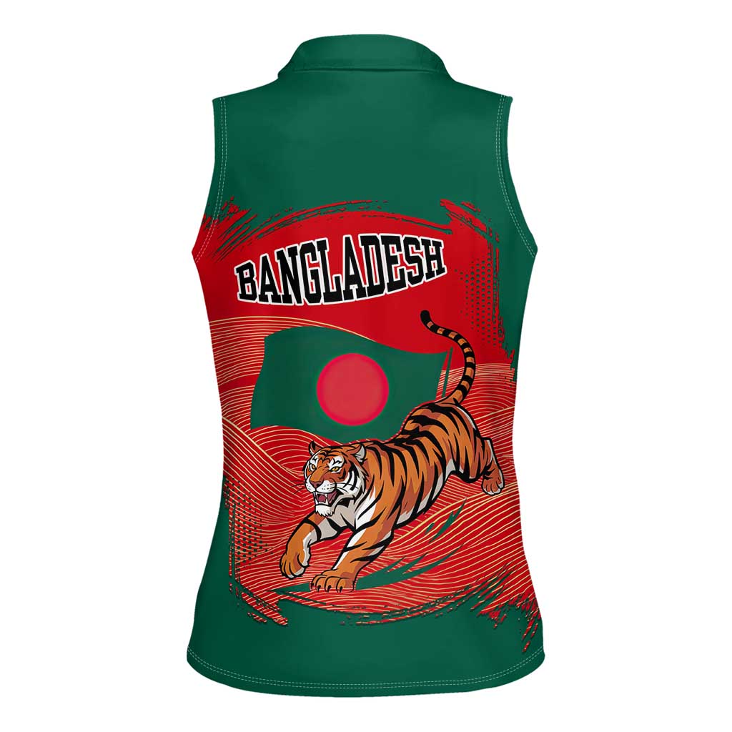 Bangladesh Flag Women Sleeveless Polo Shirt with Royal Bengal Tiger Design
