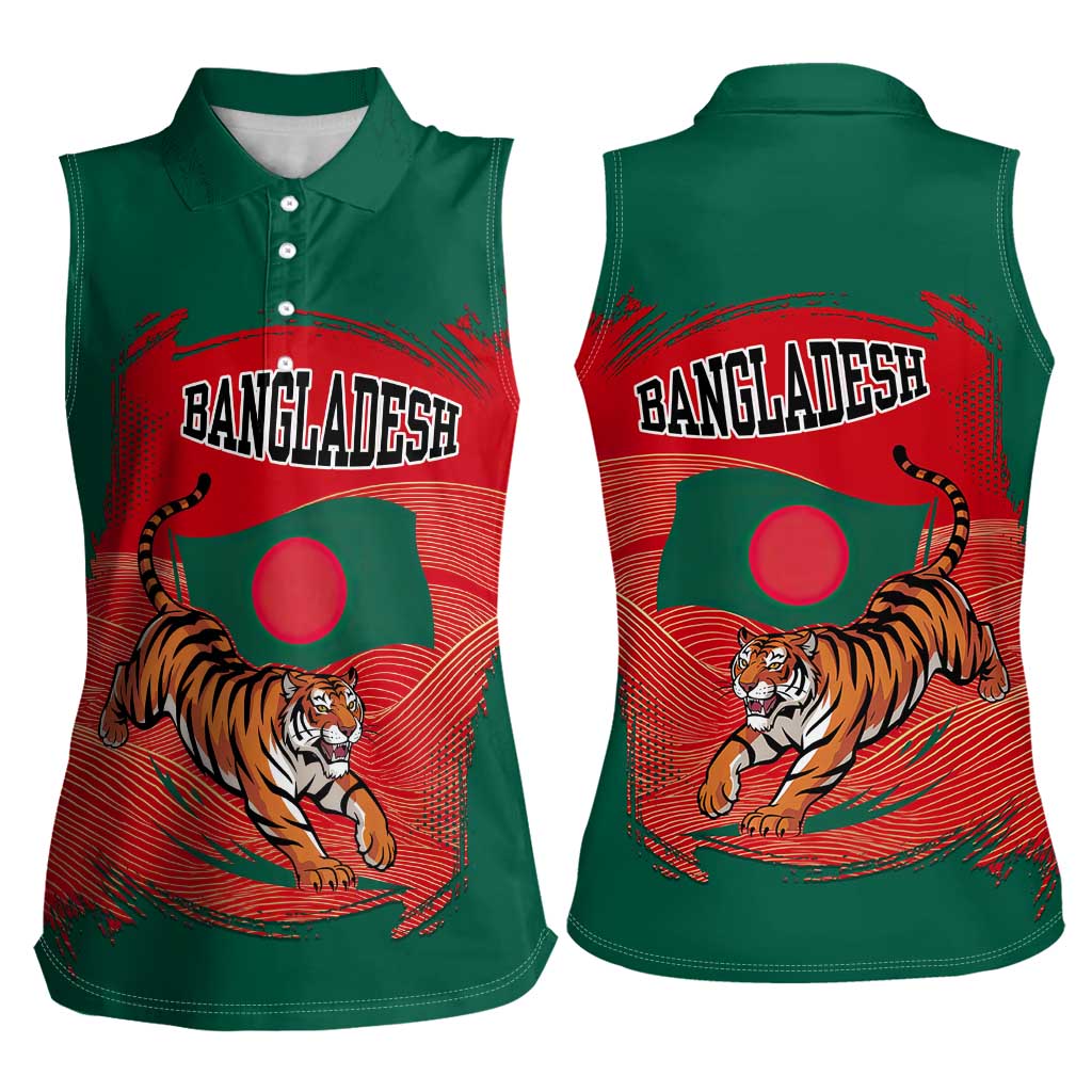Bangladesh Flag Women Sleeveless Polo Shirt with Royal Bengal Tiger Design