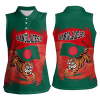 Bangladesh Flag Women Sleeveless Polo Shirt with Royal Bengal Tiger Design