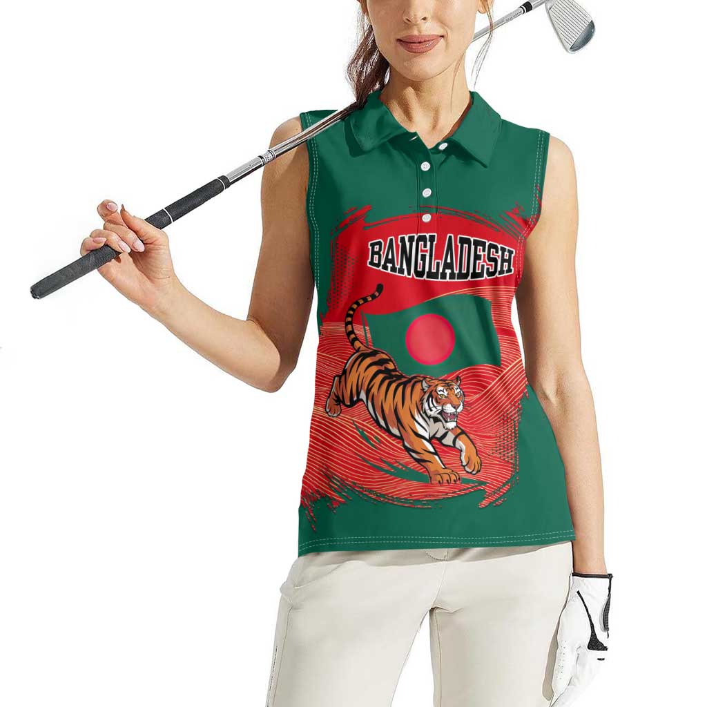 Bangladesh Flag Women Sleeveless Polo Shirt with Royal Bengal Tiger Design