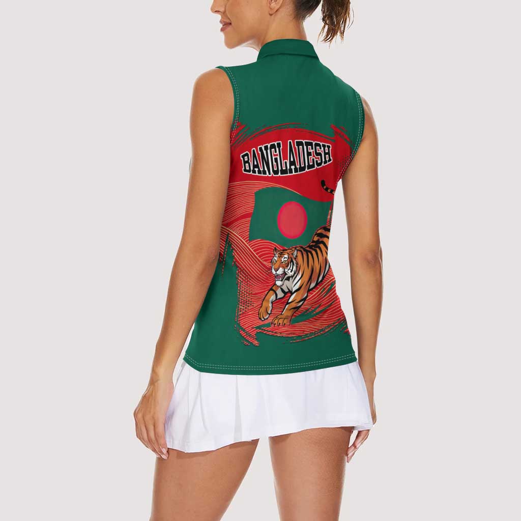 Bangladesh Flag Women Sleeveless Polo Shirt with Royal Bengal Tiger Design