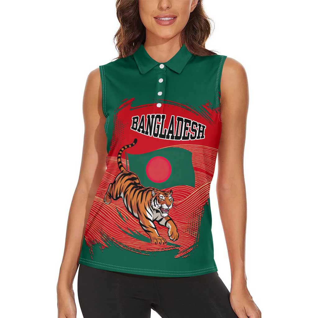 Bangladesh Flag Women Sleeveless Polo Shirt with Royal Bengal Tiger Design