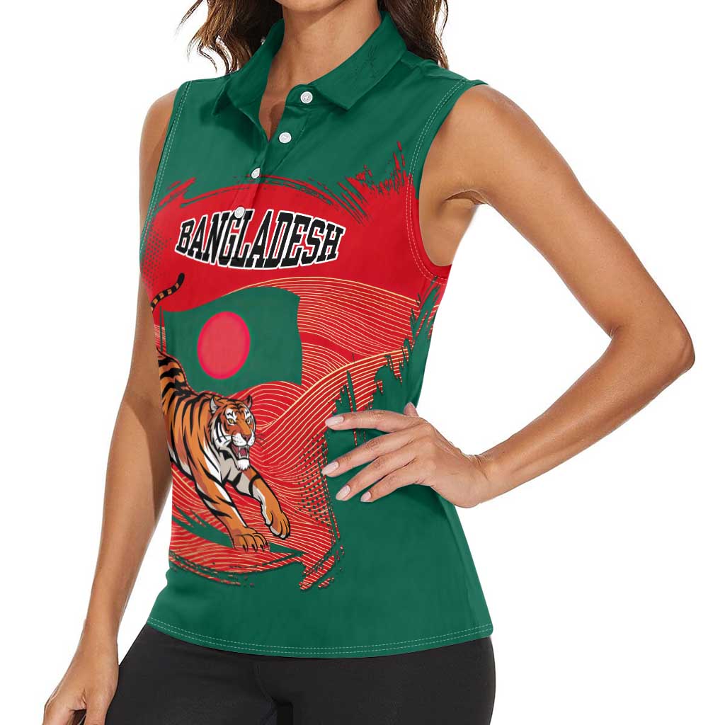 Bangladesh Flag Women Sleeveless Polo Shirt with Royal Bengal Tiger Design