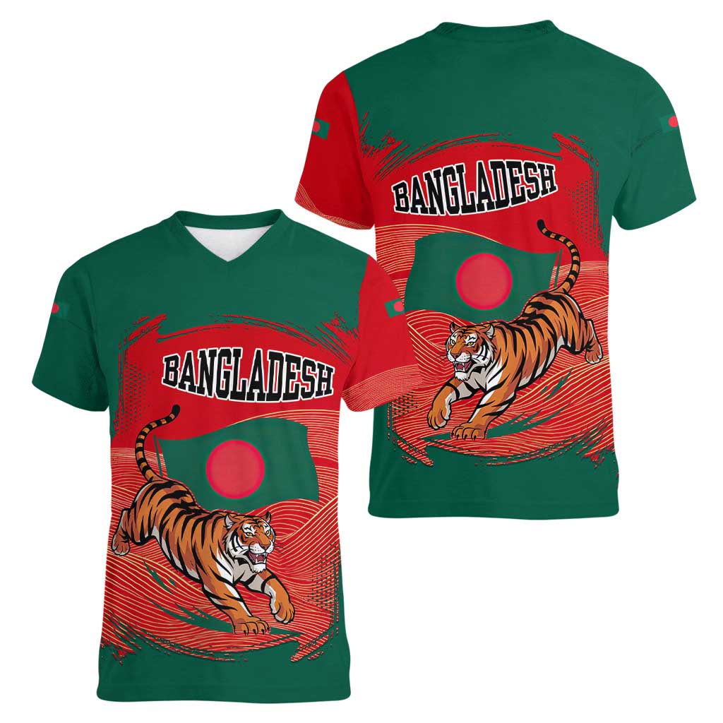 Bangladesh Flag Women V-Neck T-Shirt with Royal Bengal Tiger Design