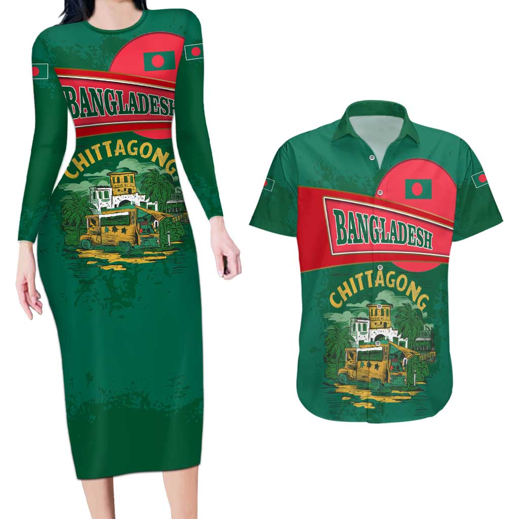 Bangladesh Chittagong Heritage Couples Matching Long Sleeve Bodycon Dress and Hawaiian Shirt with National Emblem and Flag