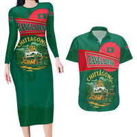 Bangladesh Chittagong Heritage Couples Matching Long Sleeve Bodycon Dress and Hawaiian Shirt with National Emblem and Flag