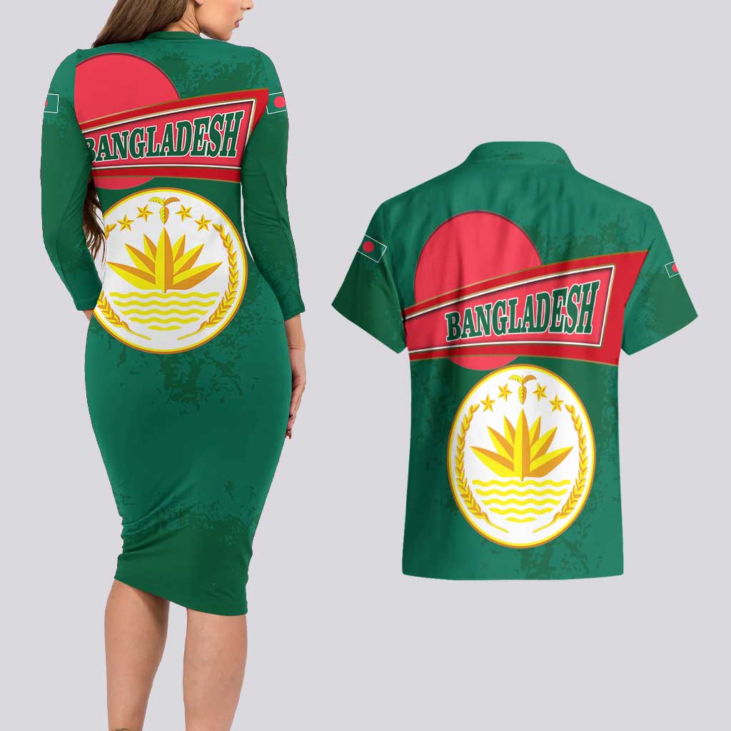 Bangladesh Chittagong Heritage Couples Matching Long Sleeve Bodycon Dress and Hawaiian Shirt with National Emblem and Flag