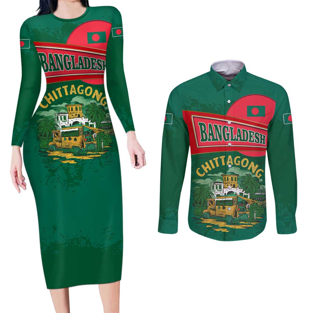 Bangladesh Chittagong Heritage Couples Matching Long Sleeve Bodycon Dress and Long Sleeve Button Shirt with National Emblem and Flag