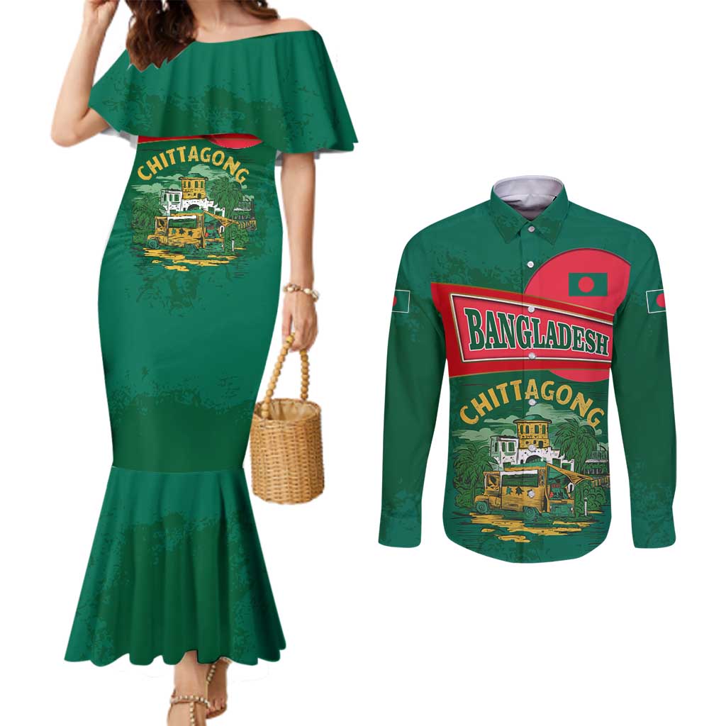 Bangladesh Chittagong Heritage Couples Matching Mermaid Dress and Long Sleeve Button Shirt with National Emblem and Flag