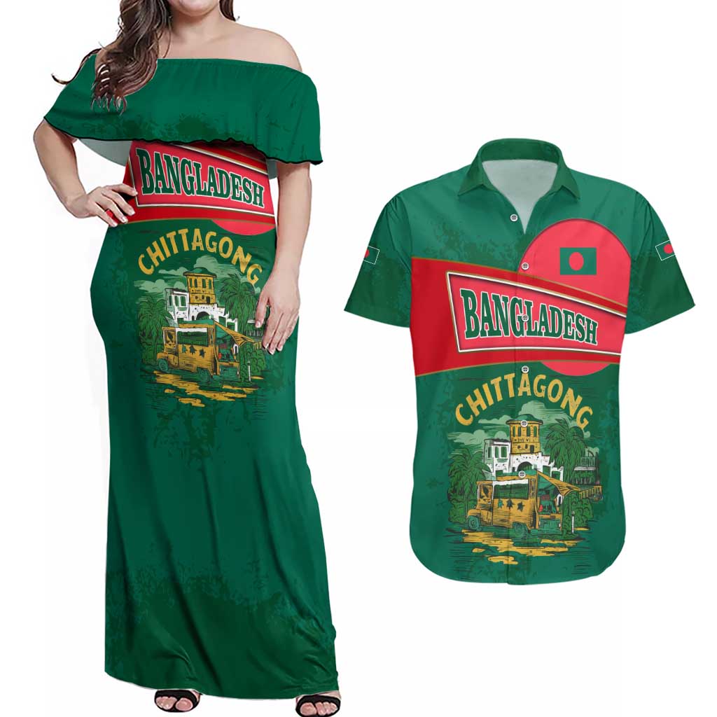 Bangladesh Chittagong Heritage Couples Matching Off Shoulder Maxi Dress and Hawaiian Shirt with National Emblem and Flag
