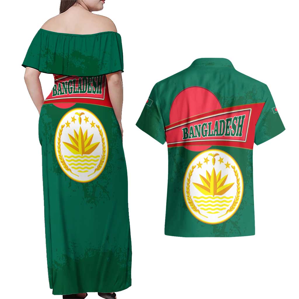 Bangladesh Chittagong Heritage Couples Matching Off Shoulder Maxi Dress and Hawaiian Shirt with National Emblem and Flag