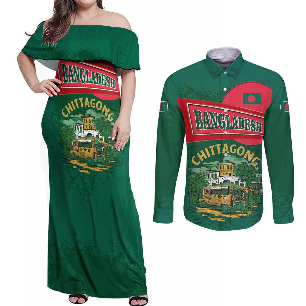 Bangladesh Chittagong Heritage Couples Matching Off Shoulder Maxi Dress and Long Sleeve Button Shirt with National Emblem and Flag