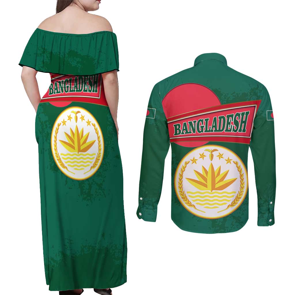 Bangladesh Chittagong Heritage Couples Matching Off Shoulder Maxi Dress and Long Sleeve Button Shirt with National Emblem and Flag