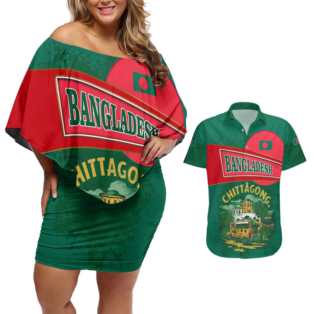 Bangladesh Chittagong Heritage Couples Matching Off Shoulder Short Dress and Hawaiian Shirt with National Emblem and Flag