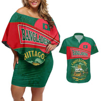 Bangladesh Chittagong Heritage Couples Matching Off Shoulder Short Dress and Hawaiian Shirt with National Emblem and Flag