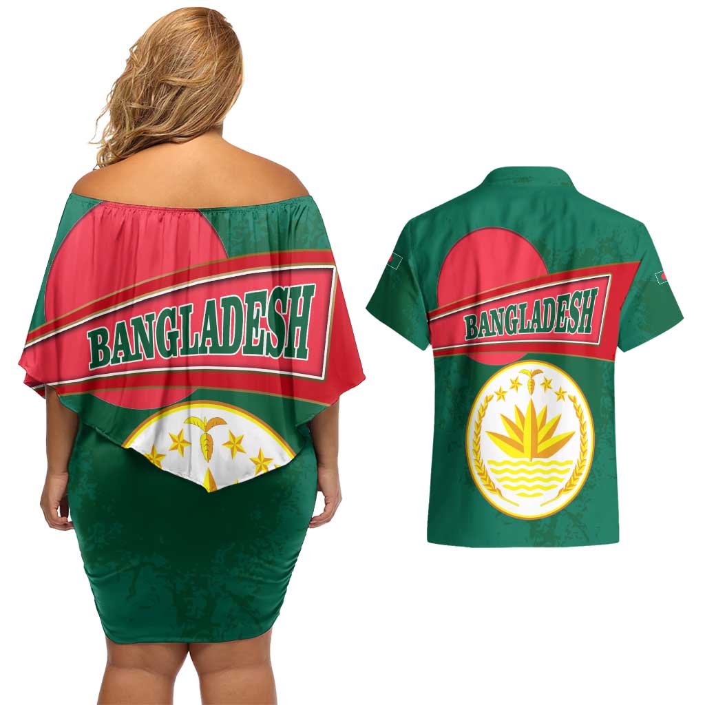 Bangladesh Chittagong Heritage Couples Matching Off Shoulder Short Dress and Hawaiian Shirt with National Emblem and Flag