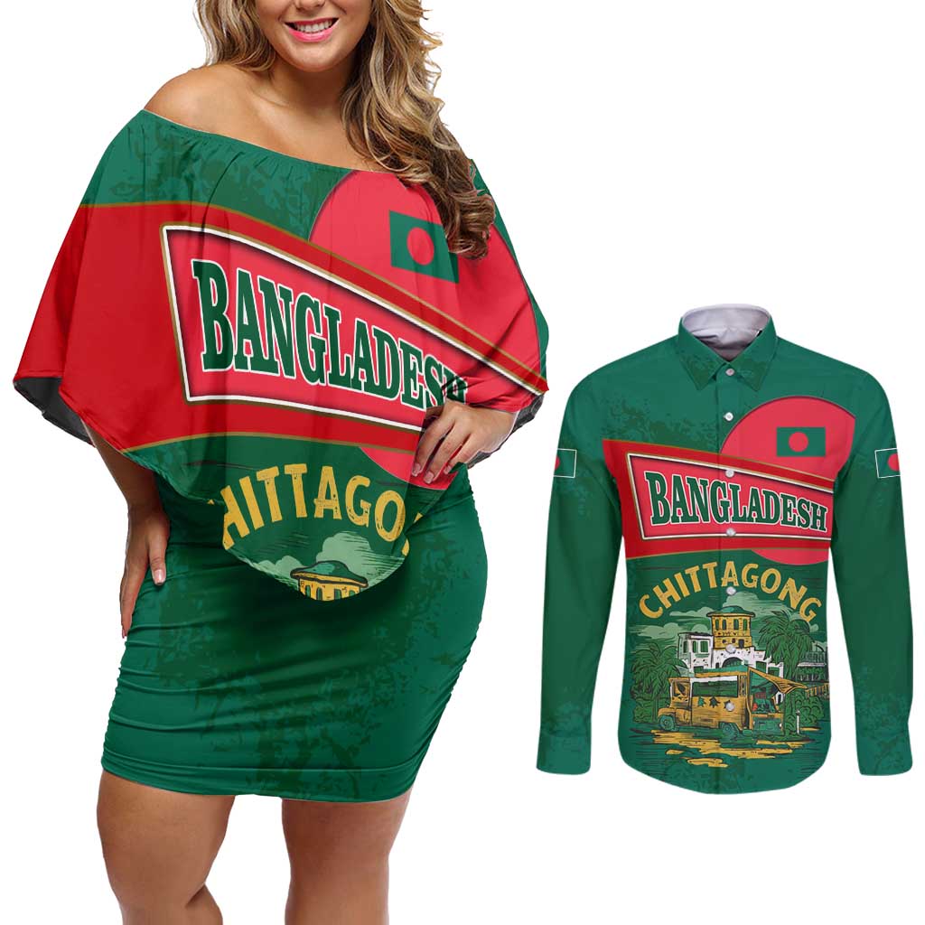 Bangladesh Chittagong Heritage Couples Matching Off Shoulder Short Dress and Long Sleeve Button Shirt with National Emblem and Flag