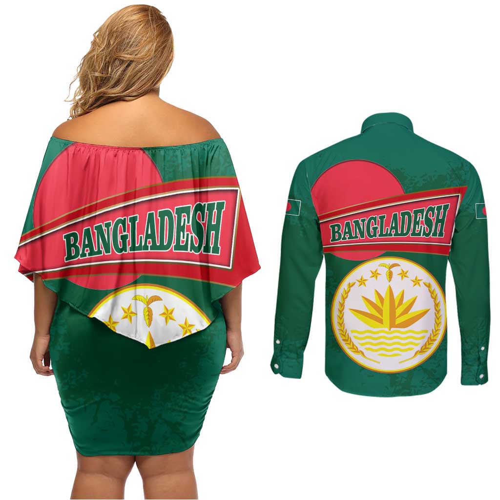 Bangladesh Chittagong Heritage Couples Matching Off Shoulder Short Dress and Long Sleeve Button Shirt with National Emblem and Flag