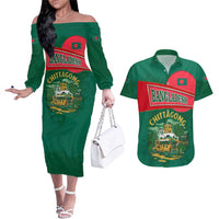 Bangladesh Chittagong Heritage Couples Matching Off The Shoulder Long Sleeve Dress and Hawaiian Shirt with National Emblem and Flag