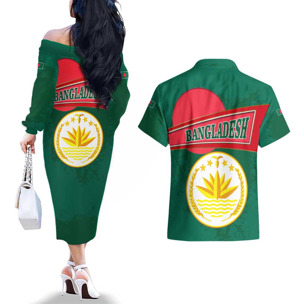 Bangladesh Chittagong Heritage Couples Matching Off The Shoulder Long Sleeve Dress and Hawaiian Shirt with National Emblem and Flag