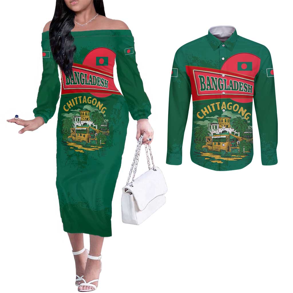 Bangladesh Chittagong Heritage Couples Matching Off The Shoulder Long Sleeve Dress and Long Sleeve Button Shirt with National Emblem and Flag