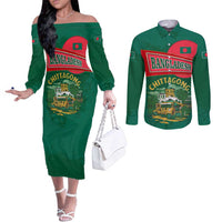 Bangladesh Chittagong Heritage Couples Matching Off The Shoulder Long Sleeve Dress and Long Sleeve Button Shirt with National Emblem and Flag