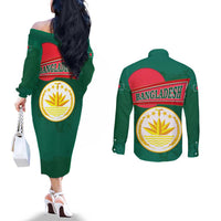 Bangladesh Chittagong Heritage Couples Matching Off The Shoulder Long Sleeve Dress and Long Sleeve Button Shirt with National Emblem and Flag