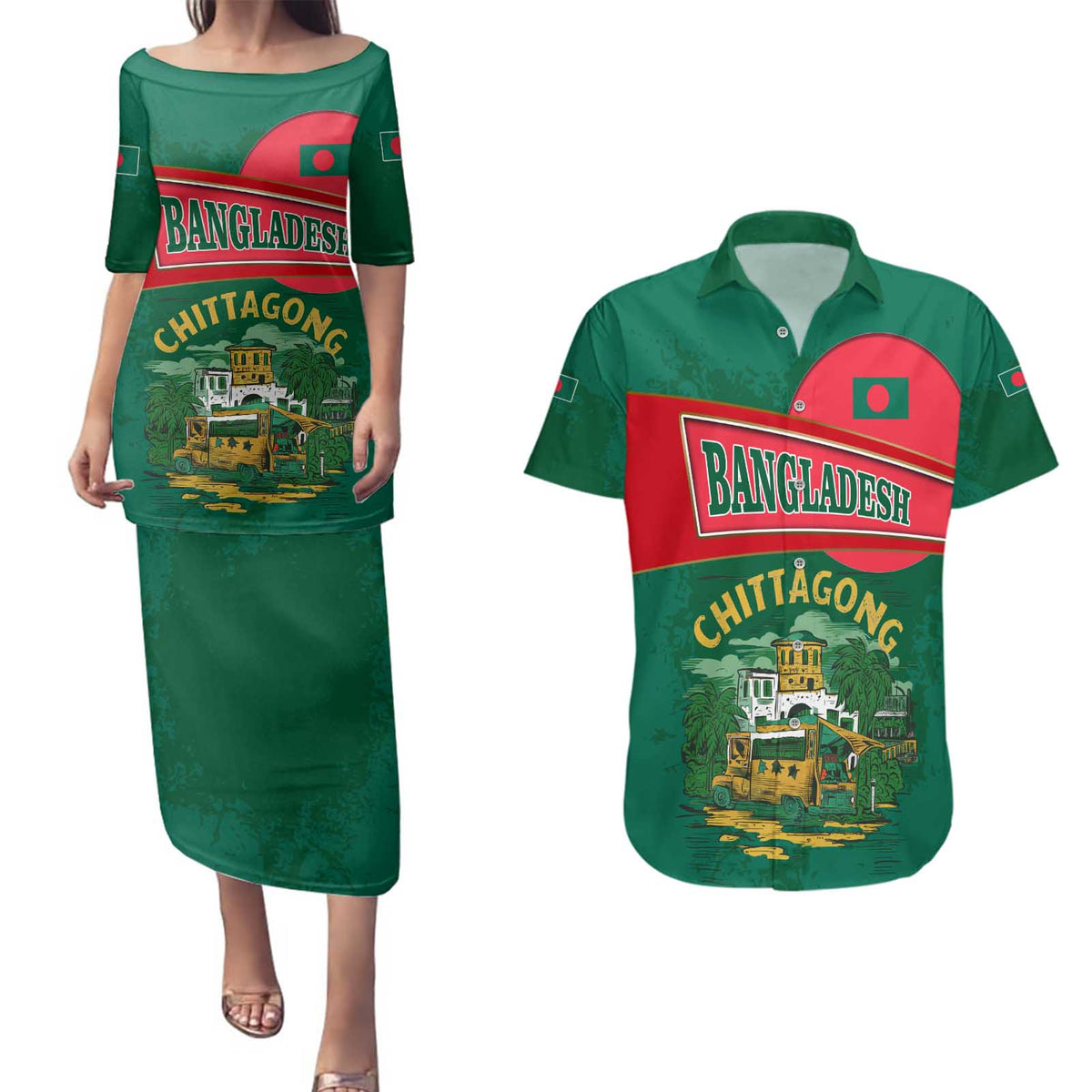 Bangladesh Chittagong Heritage Couples Matching Puletasi and Hawaiian Shirt with National Emblem and Flag