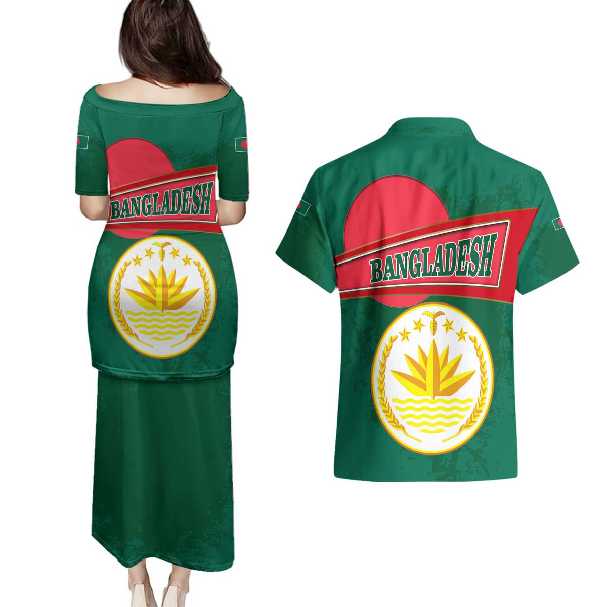 Bangladesh Chittagong Heritage Couples Matching Puletasi and Hawaiian Shirt with National Emblem and Flag
