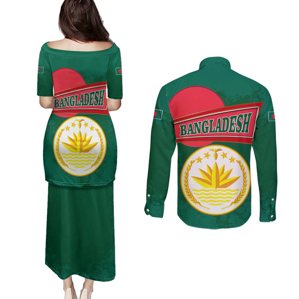 Bangladesh Chittagong Heritage Couples Matching Puletasi and Long Sleeve Button Shirt with National Emblem and Flag