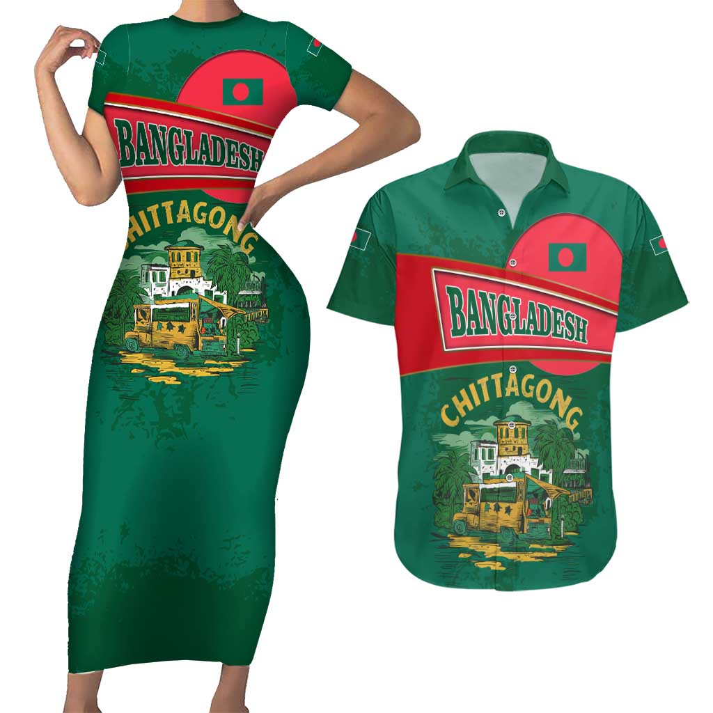 Bangladesh Chittagong Heritage Couples Matching Short Sleeve Bodycon Dress and Hawaiian Shirt with National Emblem and Flag